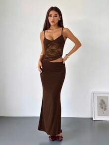 SHEIN PETITE 女款蕾絲拼接鏤空性感派對美人魚式細肩帶洋裝，夏季女裝，適合嬌小女性 - 棕色 - 查看 4