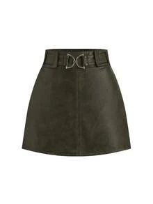 Ellevyn Metal Decor Buckle A-Line Solid Color Elegant Fitted PU Skirt - Army Green - View 6