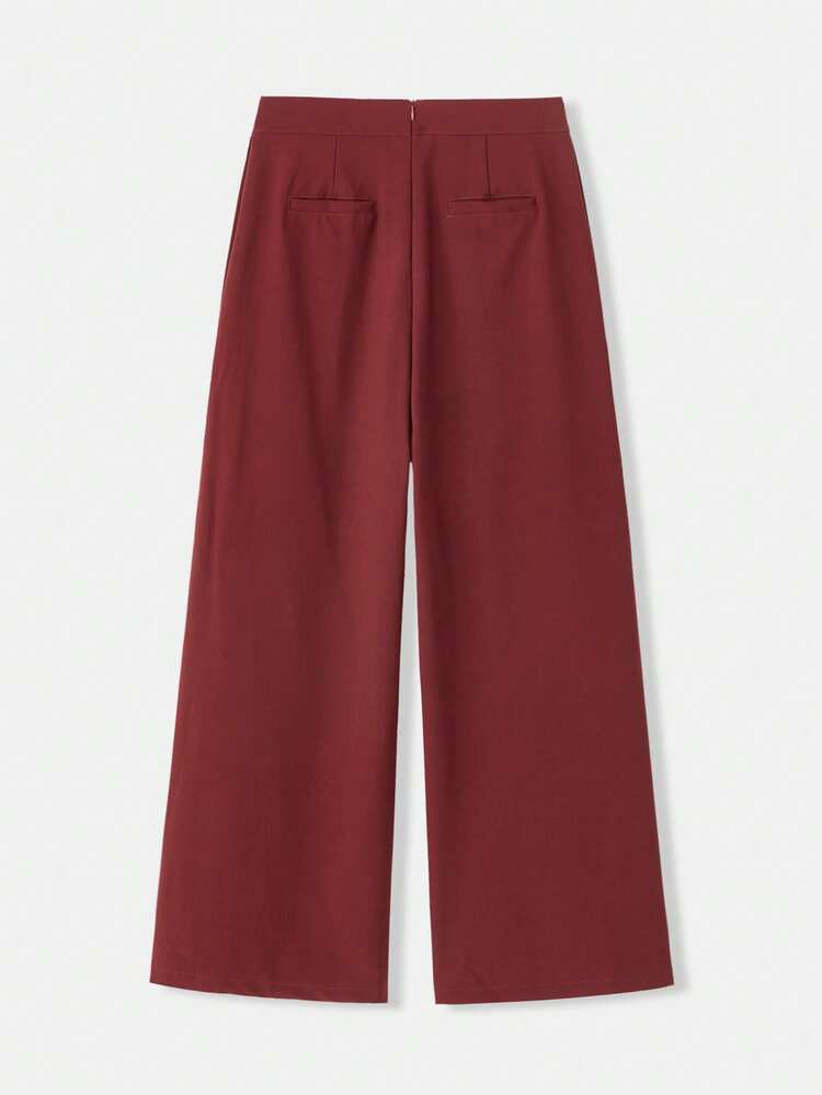 Pantaloni a vita alta a gamba ampia color borgogna con bottoni laterali dorati e spacchi regolabili, pantaloni eleganti casual da ufficio per l'autunno-inverno