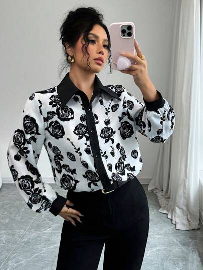 Modelyn Women's Spring/Summer Woven Digital Print Long Sleeve Stand Collar Casual Romantic Blouse