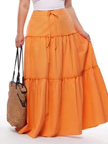 Solavibe 大码休闲纯色前系结荷叶边下摆半身裙 - 橘色 - 查看 13