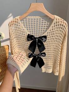 SHEIN EZwear 女士蝴蝶结系带镂空针织短款开衫 - 杏色 - 查看 2