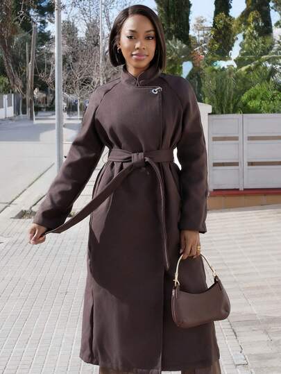 Yess Loren 女士粗花呢外套，配金属扣和装饰腰带。巧克力棕色。长款粗花呢外套。时尚百搭的女士大衣，秋冬季保暖女装，女士秋季服装，女士冬季外套，女士冬季夹克，新年女士服装，秋冬季舒适女装。