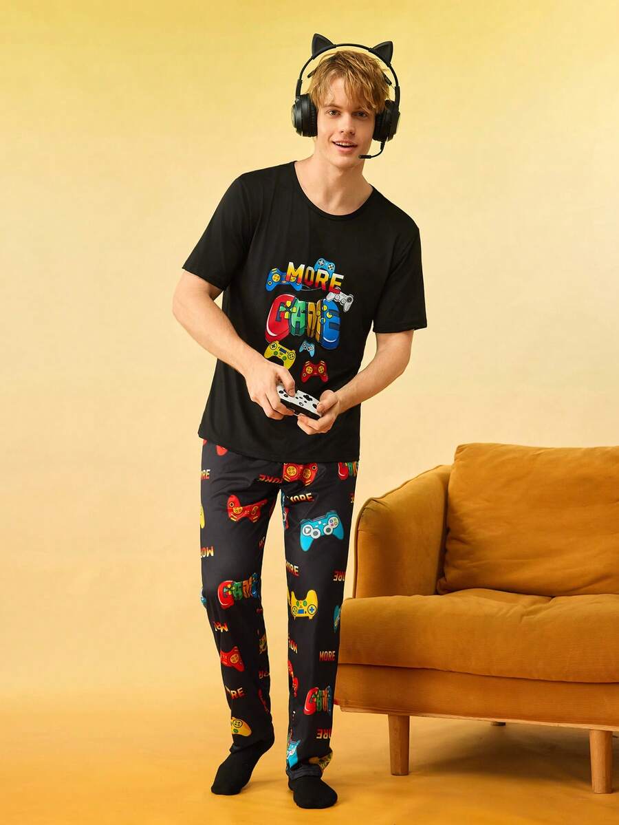 Notgurli 字母游戏印花男士短袖上衣和裤子睡衣套装 - 黑色 - 查看 1