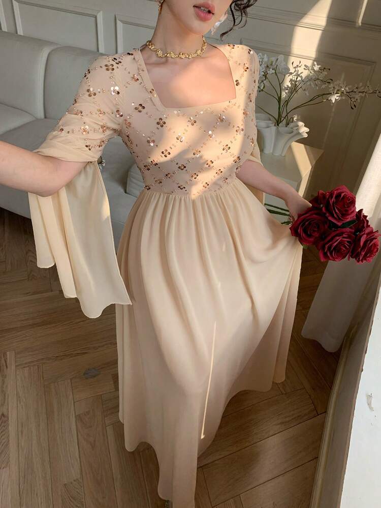 Spring & Summer Sequin Shiny Valentine's Day, Wedding, Banquet, Ball Gown, Fashion Party, Elegant Commute Flare Sleeve, Ruffle Hem, Waist Cinched, Mesh Patchwork Long Sleeve Midi Dress For Women Sundress