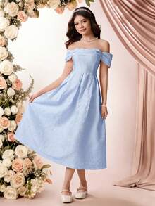 SHEIN Pitira 浅蓝色少女提花露肩优雅连衣裙 - 淺藍色 - 查看 3