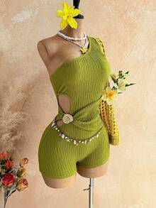 Soleia 女士镂空腰部左侧贝壳金属贴花纹理面料修身迷你连体裤，适合假日、约会、下午茶、度假、音乐节、波西米亚风、休闲度假、钩针编织、亚麻等场合。 - 綠色 - 查看 1