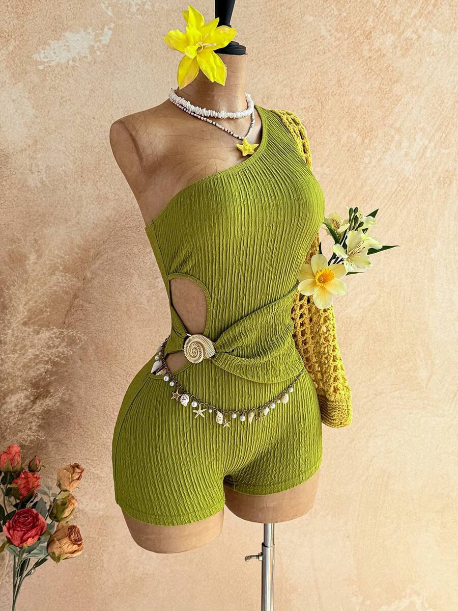 Soleia 女士镂空腰部左侧贝壳金属贴花纹理面料修身迷你连体裤，适合假日、约会、下午茶、度假、音乐节、波西米亚风、休闲度假、钩针编织、亚麻等场合。 - 綠色 - 查看 1