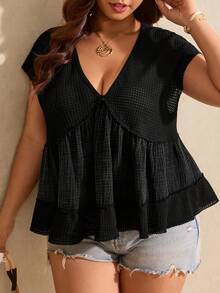 SHEIN Elaquor 大码女式V领蝙蝠袖宽松休闲衬衫 - 黑色 - 查看 3