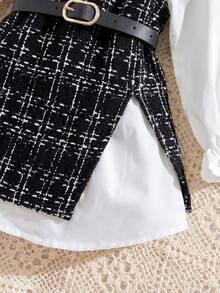 SHEIN 女童可爱撞色二合一长袖连衣裙，秋冬款 - 黑與白 - 查看 6