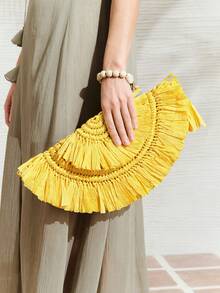 SHECARRY 女士手拿包，草编包，流苏，时尚，优雅，简约，个性化，适合海滩、度假、假日、夏季、海边 - 黃色 - 查看 3