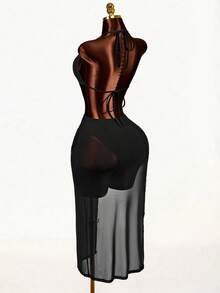 Mistrie Halter Neck Cut-Out Sheer Mesh Bodycon Maxi Dress With Irregular Hardware Accents(Sexy Club Party Outfit) - Black - View 3