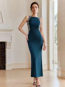 Anewsta Women's Fashionable New Dignified Style Beaded Sequin Sexy Backless Waist-Cinching Birthday Party High-End Formal Elegant Dress - Dark Green - View 5