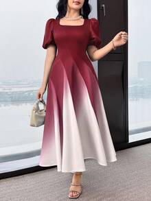Feyla 女士渐变色方领花瓣袖中长连衣裙 - 酒紅色 - 查看 7