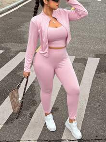 Muchica Áo khoác không tay màu đen cỡ lớn, bộ đồ thể thao yoga 3 món co giãn nhẹ dành cho nữ, bộ 2 món màu hồng. - Hồng - Xem 6