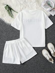 SHEIN 少女白色罗纹休闲针织圆领短袖英文印花套装 - 白色 - 查看 2