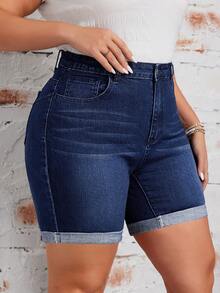 EMERY ROSE Plus Size Casual Denim Shorts, Fashionable For Summer - Dark Wash - View 5