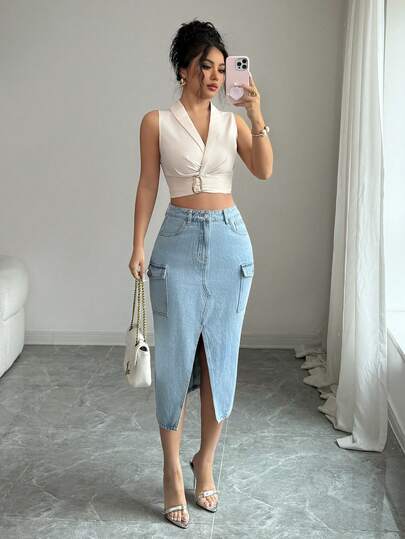 Selianne Women's Casual Washed Denim Cargo Skirt