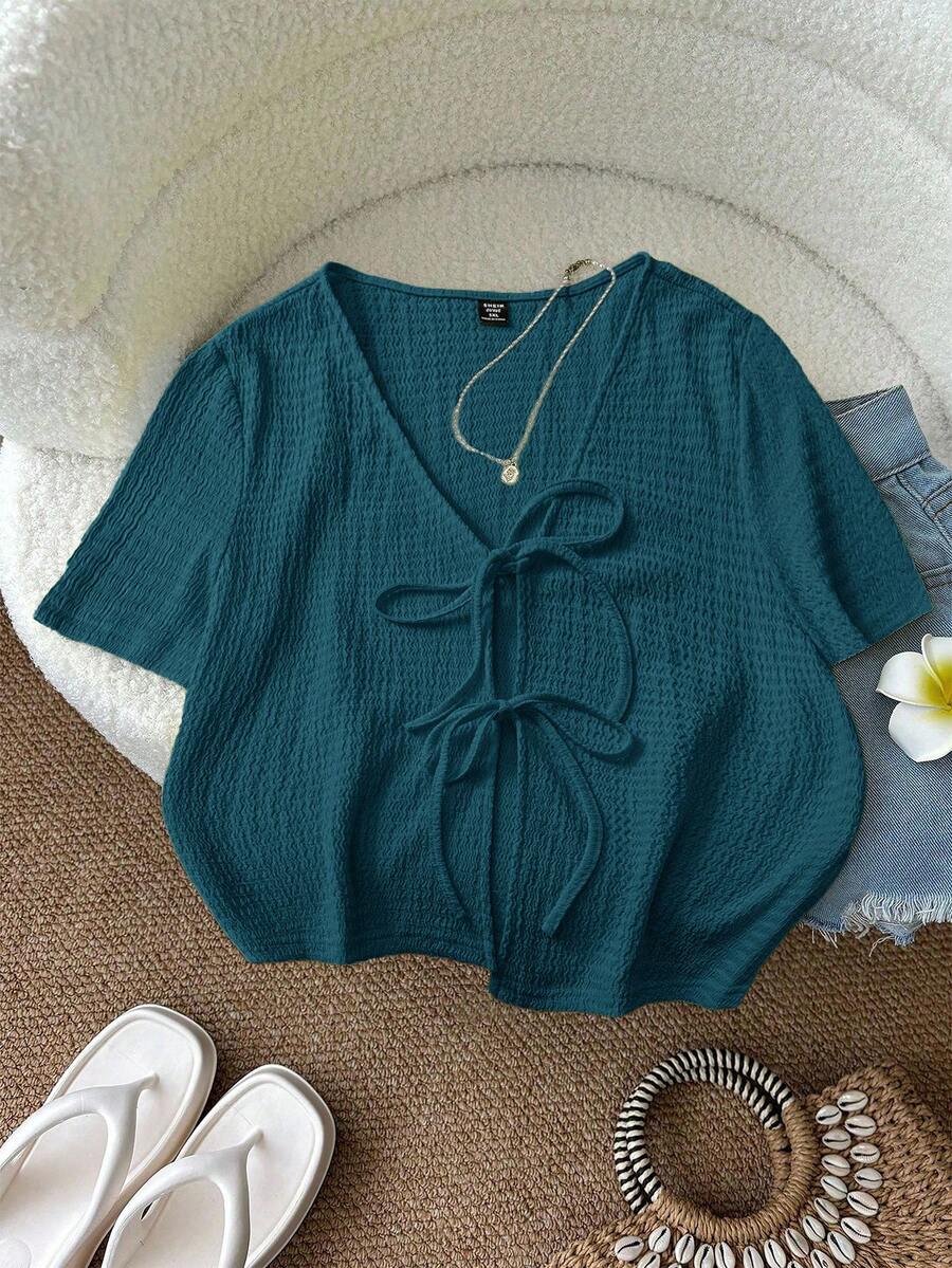 SHEIN LUNE 大码女式V领系带休闲百搭日常短袖上衣 - 水鴨藍 - 查看 1