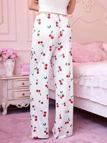 Bonmuse 女士白色樱花印花睡裤 - 柔软休闲家居裤，红色樱花和绿色叶子图案，弹性腰带，可机洗，夏季穿着下装，方便舒适 - 白色 - 查看 3