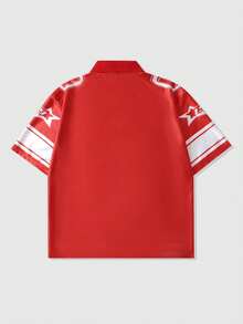 ROMWE MEN Prep 男士休闲时尚街头数字字母印花条纹撞色V领短袖Polo衫，夏季 - 紅色 - 查看 4