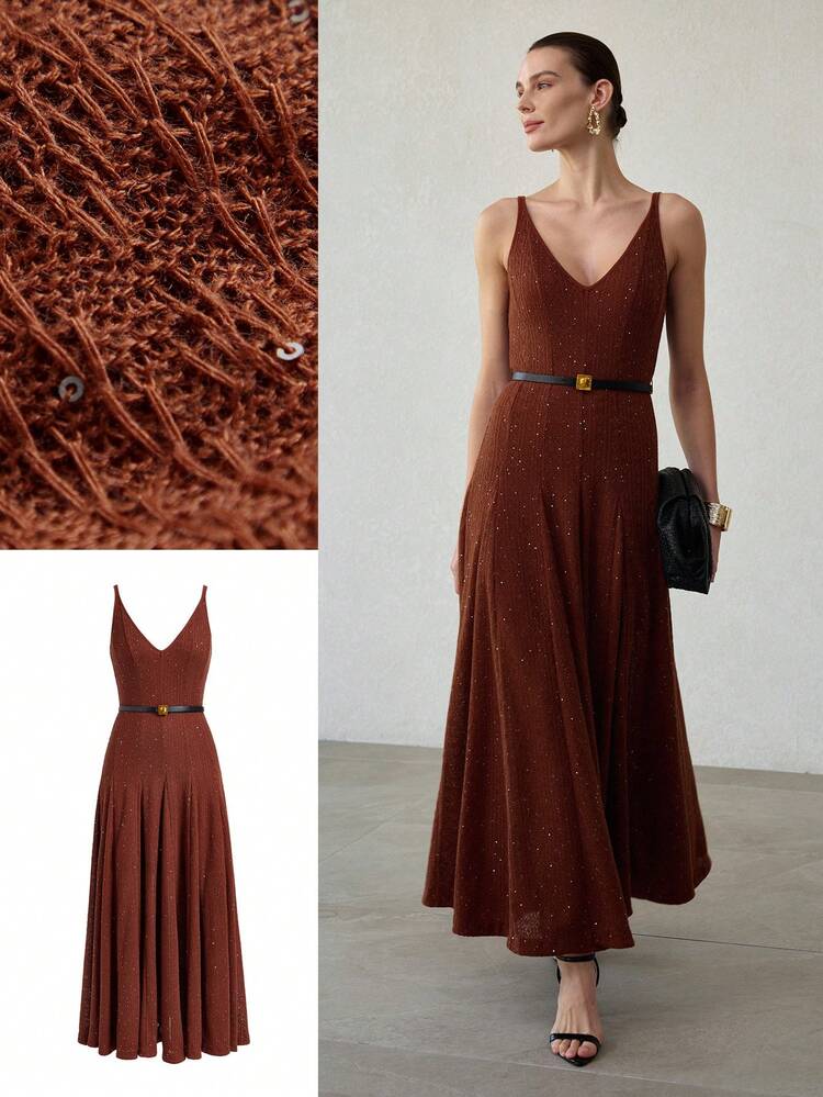 WOMEN'S SEQUIN KNIT V-NECK STRUCTURED WAIST FLARED DRESS, SPRING/SUMMER