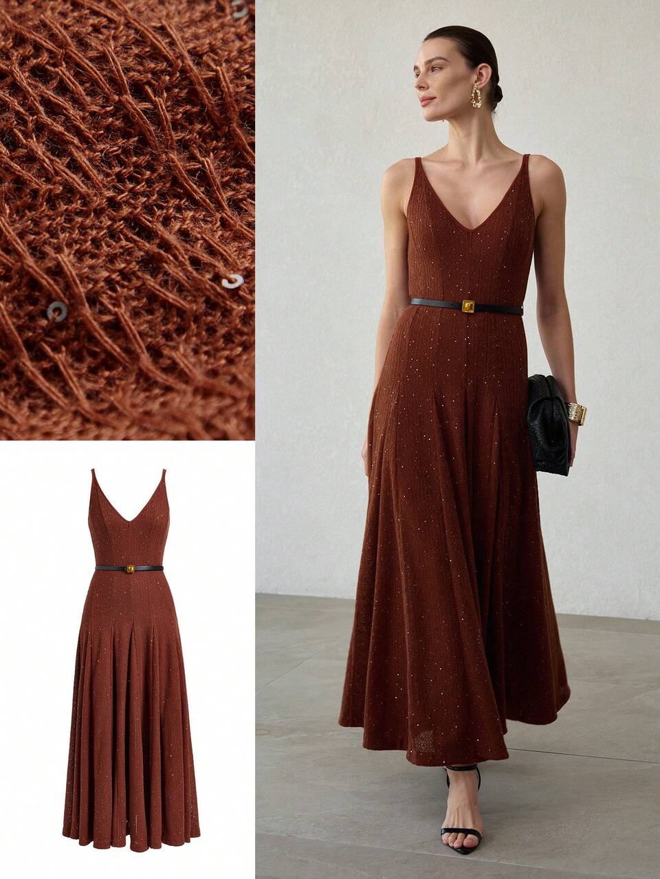 WOMEN'S SEQUIN KNIT V-NECK STRUCTURED WAIST FLARED DRESS, SPRING/SUMMER