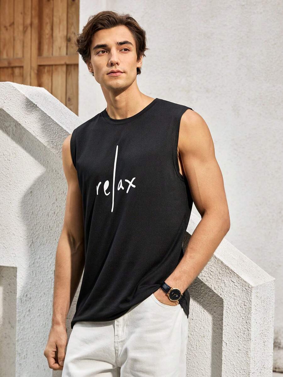 Mercer Haus 男士夏季休闲字母印花圆领背心 - 黑色 - 查看 1