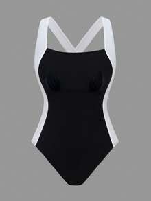 Swim SPRTY 女士新款黑色连体泳衣，白色侧边拼接，时尚运动风露背显瘦沙滩度假连体泳衣 - 黑與白 - 查看 7