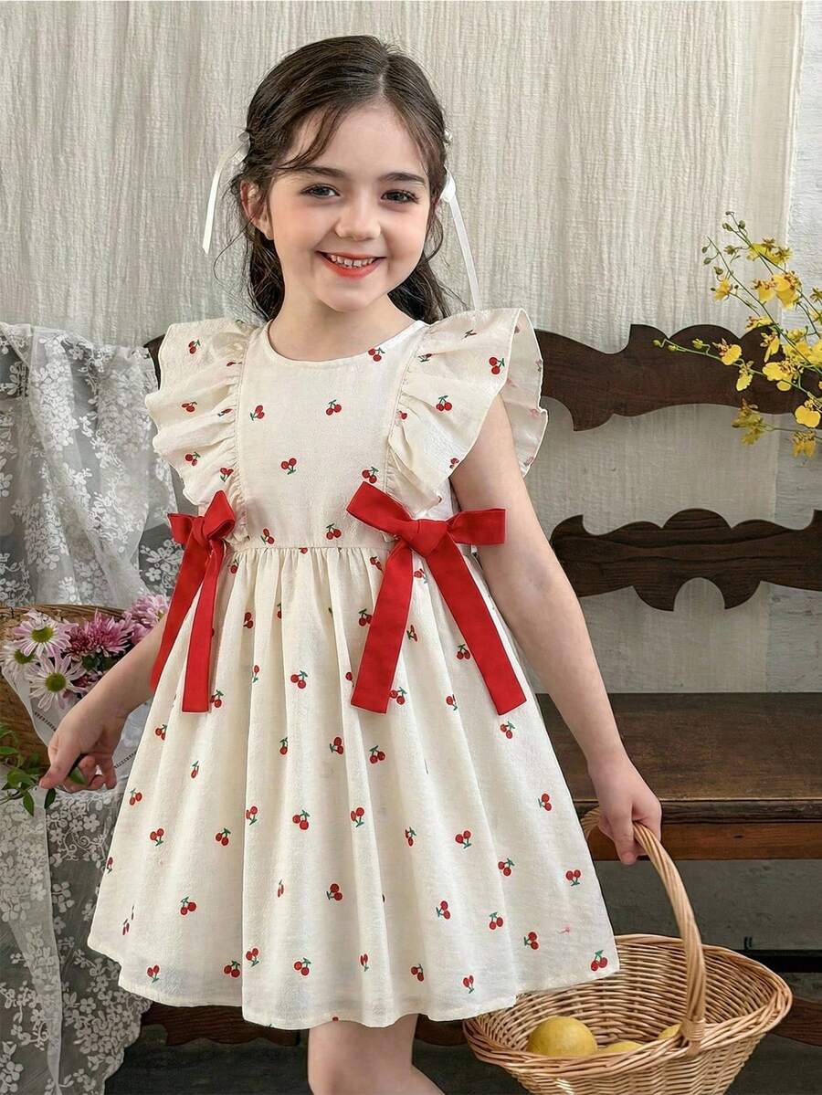 SHEIN LMoss Kids 少女碎花圆领荷叶边撞色蝴蝶结休闲连衣裙 - 粉色 - 查看 1