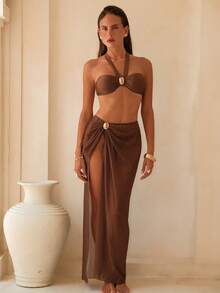 Swim Chiccia Women's Deep Brown Halter Neck Gold Decor Sheer Mesh Sexy Bikini Set - Coffee Brown - View 3