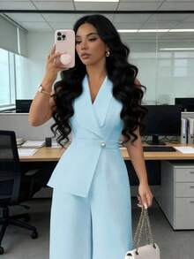 Elenzga Áo blazer cổ chữ V màu mơ trơn, thiết kế dây thắt eo, trang phục thanh lịch chuyên nghiệp, phù hợp cho công sở, họp hành, đi học, ngày lễ tình nhân, ngày động, lễ Phục sinh, du lịch, phong cách đường phố thường ngày, bộ jumpsuit mùa xuân/hè. - Màu xanh lam - Xem 8