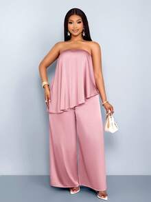 SOLERSUN Plus Size Women's Elegant Dusty Pink Summer 2 Piece Sets Curve Strapless Asymmetrical Ruffled Top & Wide-Leg Satin Suit For Cocktail Party Vacations - Dusty Pink - View 2