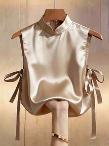 Franclia New Sleeveless Shirt With Bowknot, Stand Collar, Slit, Tie - Champagne - View 1