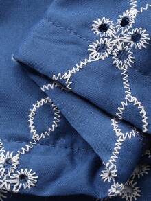 DAZY Women's V-Neck Drawstring Floral Embroidered Lantern Sleeve Casual Vacation Summer Blouse - Blue - View 7