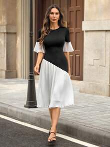 Editum 女士优雅撞色圆领荷叶边短袖拼接腰部褶皱雪纺连衣裙，精致旅行连衣裙、通勤连衣裙、约会连衣裙 - 黑與白 - 查看 8