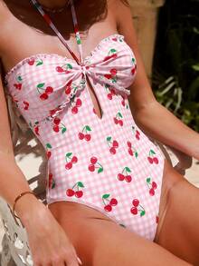 Swim Mod Conjunto de bikini de una pieza con estampado tropical para vacaciones y uso casual - Multicolor - Ver 3