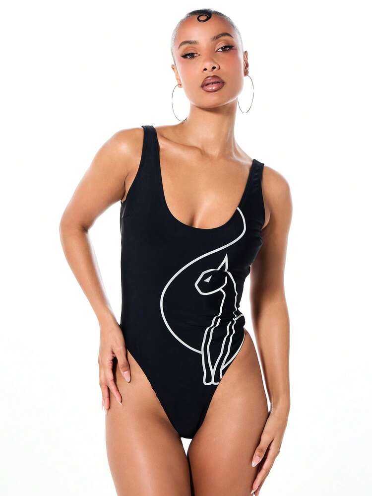 BABYPHAT Scoop Neck One Piece Swimsuit With Abstract Line Art Print High Cut Legs Black Bathing Suit Summer Beach Pool Vacation Women