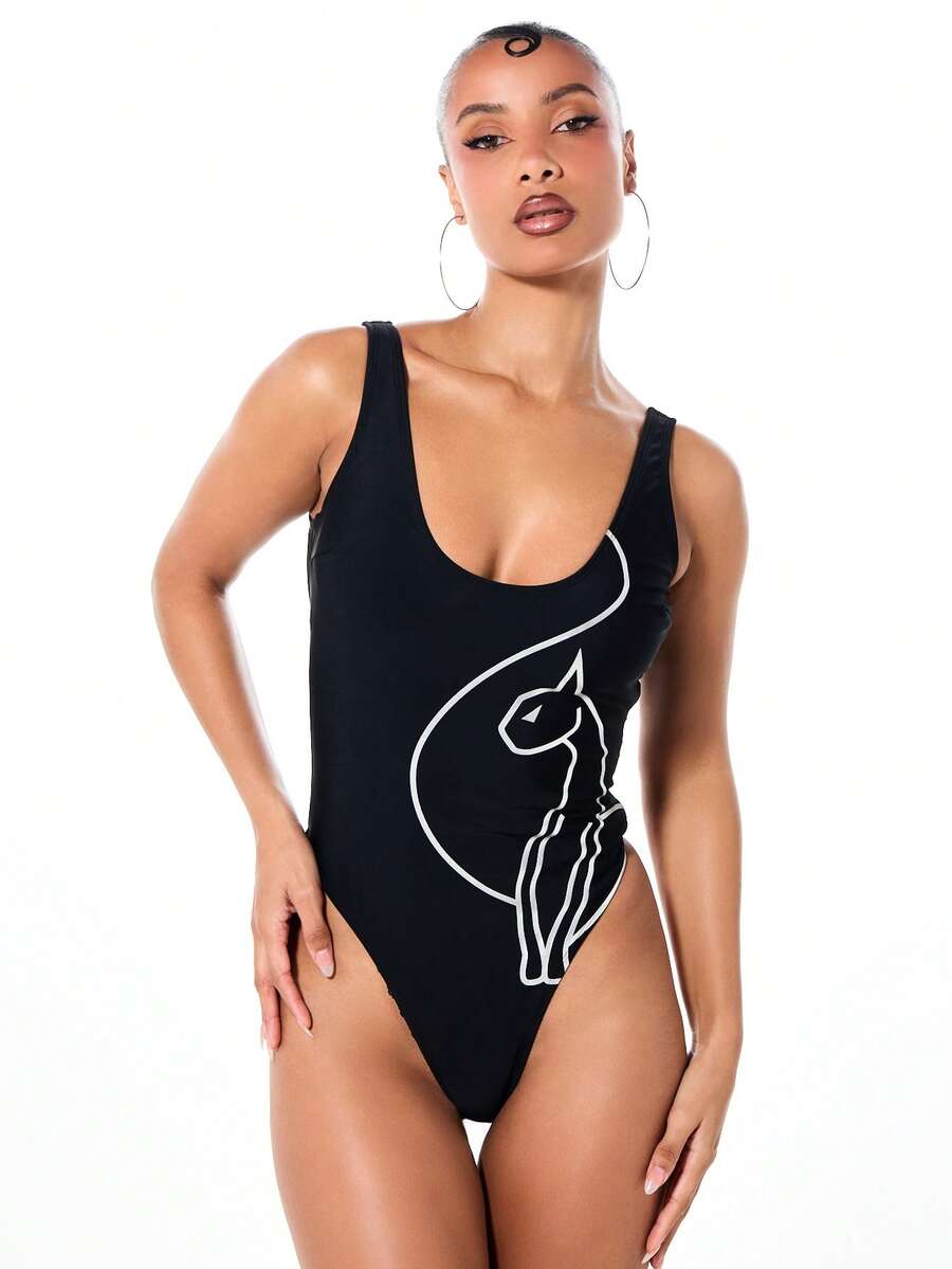BABYPHAT Scoop Neck One Piece Swimsuit With Abstract Line Art Print High Cut Legs Black Bathing Suit Summer Beach Pool Vacation Women - Black - View 1