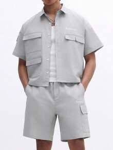 SUMWON Setelan Kemeja Kancing Depan dan Celana Pendek Kargo dengan Banyak Kantong, Pakaian Kasual Musim Panas Polos - Grey - View 1