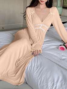 DAZY 浪漫褶皱设计花卉饰边收腰喇叭袖连衣裙，春季女士睡裙 - 杏色 - 查看 5