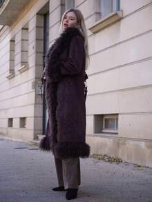 ORNATELLA 女士优雅修身仿皮草泰迪绒拼接长款仿皮草外套，冬季 - 棕色 - 查看 6