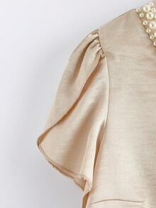 GlowEve 女士优雅休闲杏色珍珠设计花瓣袖修身短袖衬衫，春夏款 - 杏色 - 查看 4