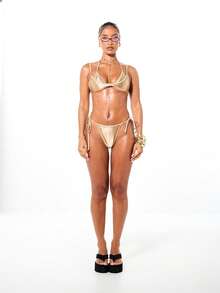 SUMWON WOMEN Bộ bikini hai lớp màu đồng ánh kim đính đá, cổ yếm buộc dây bên hông, đồ bơi mùa hè đi biển. - màu nâu - Xem 3