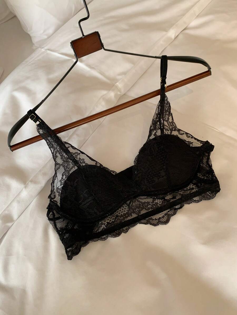 DAZY 蕾丝拼接可调节细肩带轻薄衬垫女士文胸 - 黑色 - 查看 1