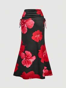 SHEIN MOD Chân váy nữ thanh lịch kiểu bohemian in hoa, thắt eo bằng dây rút, xếp ly, dáng đuôi cá. - màu đen - Xem 4