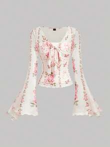 SHEIN MOD Women's Elegant Floral Print Tie Front Flare Sleeve T-Shirt,Summer,Vacation Outfits, Retro, Vintage,Country Outfits,  Going Out,Teacher Outfits For Women,Date, Picnic, Party, Prom, Festival,Birthday Wear, Cottagecore T-Shirt,Tea Party T-Shirt,French StyleT-Shirt,Floral Print T-Shirt,Spring Break Outfits,Music Festival Outfits, - Multicolor - View 3
