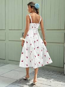 Serisse Đầm midi hai dây buộc trước, thêu hoa anh đào, dành cho nữ, thích hợp cho kỳ nghỉ. - Nhiều màu - Xem 2