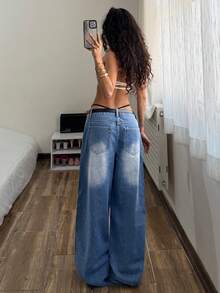 StreetHx Women's Punk Style Casual Street Fashion Versatile Loose Fit Denim Jeans - Medium Wash - View 2