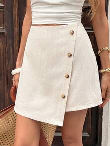 SHEIN Frenchy 女士休闲不对称下摆纽扣裹身裙，纯色 - 杏色 - 查看 6